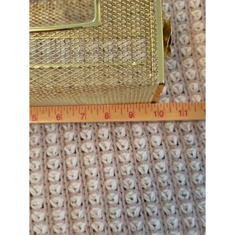VTG MCM Metal Mesh Gold Tone Kleenex Box Cover with Rose and Leaf Design